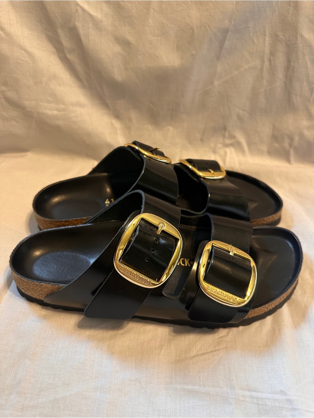 Birkenstock Arizona Big Buckle Natural Leather Patent Black Gold size 10 - Picture 3 of 6